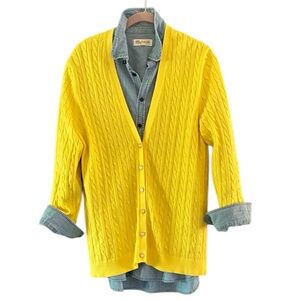 Lands End yellow cable knit cardigan sweater size large